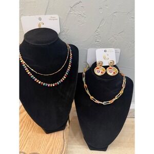 Charming Charlie's Gold Tone Layered Necklaces Colorful Beads Coin Earrings Set
